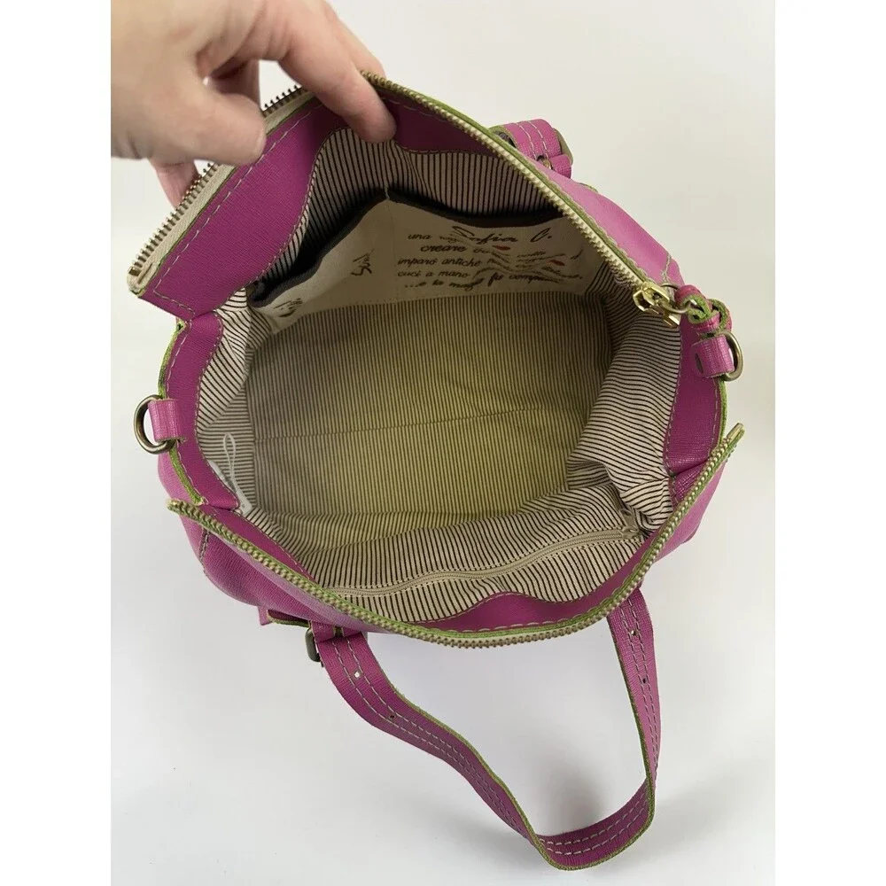 Sofia C Pink Leather‎ Satchel Purse Handbag Zip Green Crossbody Double Handles